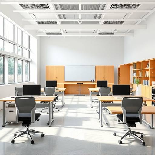 Imagen de una celda moderna con mobiliario ergonómico, iluminación natural y acceso a tecnología educativa.
