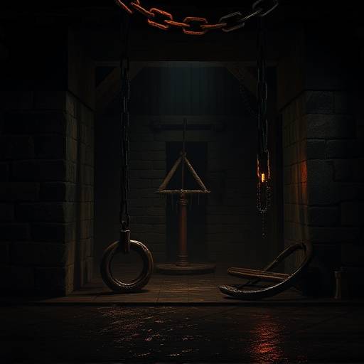Imagen de una mazmorra medieval oscura y hümeda, con cadenas y instrumentos de tortura